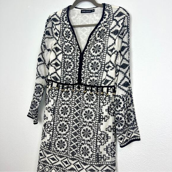 Antik Batik | Ida Mini Dress Cream Black Embroidered Tassels Boho Summer XS - Picture 7 of 15